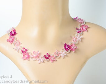 Crystal Necklace; Swarovski Necklace; Glass Necklace; Sweet Pink Flower Dancing Swarovski Crystal Silver Necklace
