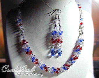 Crystal Necklace; Swarovski Necklace; Glass Necklace; Red, White and Blue Twisty Swarovski Crystal Necklace by CandyBead