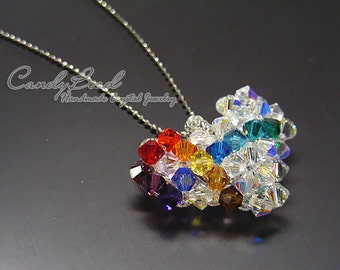 Swarovski necklace;crystal necklace; Swarovski pendant necklace, Dark rainbow ribbon heart pendant crystal necklace by CandyBead