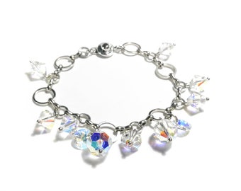 Crystal swarovski bracelet; glass bracelet; White AB swarovski bracelet, 7.5 inches and 2 inches adjustable chain