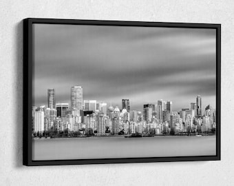 Black and White Long Exposure Image of Downtown Waterfront Vancouver Canvas Wall Art Home Decor Framed Poster Print