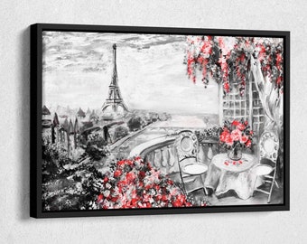 Oil Painting, Summer Cafe in Paris, Gentle City Landscape, Abstract flower, Canvas Wall Art Home Decor Framed Poster Print