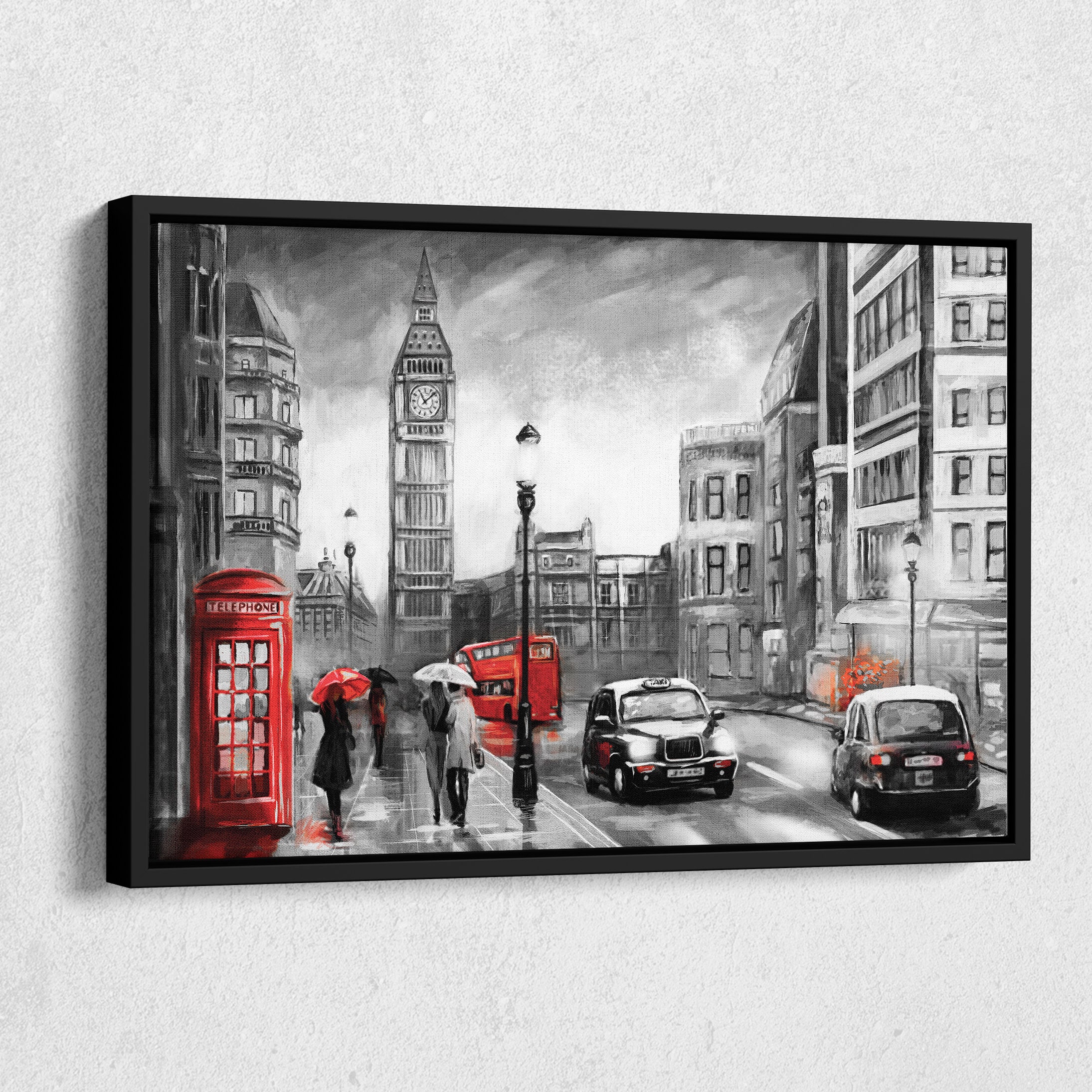 Oil painting on Canvas, Street view of London, Artwork, Big ben, Umbrella Canvas Wall Art Home Decor Framed Poster Print