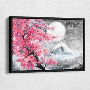 Oil Painting Landscape with Sakura and Mountain, Hand Drawn Illustration, Japan Canvas Wall Art Home Decor Framed Poster Print