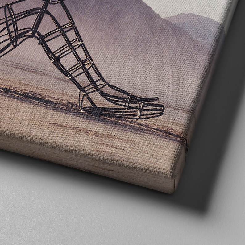 May include: A close-up of a wire sculpture of a person's leg and foot. The sculpture is made of thin wire and is painted in a metallic silver color. The sculpture is set against a blurred background of a mountain range.