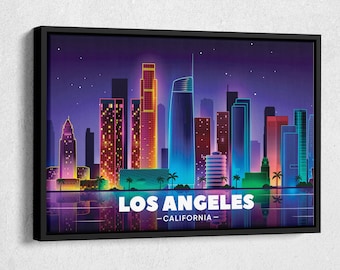 Los Angeles Panoramic Cityscape at Night with View of Downtown LA Vector illustration Canvas Wall Art Home Decor Framed Poster Print