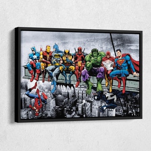 May include: A group of superheroes, including Spider-Man, Superman, Batman, Wolverine, Hulk, and Captain America, are sitting on a metal beam high above a city skyline. They are all looking at the camera, and some are holding drinks. The image is in a comic book style.