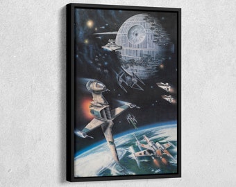 Death Star, Star Destroyer, artwork, battle, TIE Interceptor, X-wing, Star Wars Canvas Wall Art Home Decor Framed Poster Print