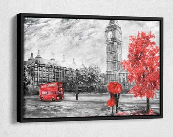 Oil Painting on Canvas, Street View of London, Artwork, Big Ben, Bus and Road Canvas Wall Art Home Decor Framed Poster Print