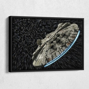 May include: A black and white image of the Millennium Falcon spaceship flying through space. The spaceship is surrounded by a field of stars.