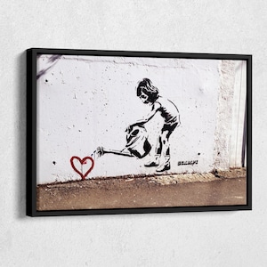 Lienzo con estampado de corazón de Banksy con texto "Niños, agua, amor" para decoración del hogar