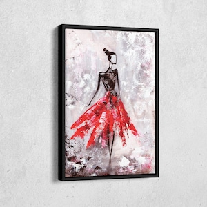Oil painting, Fashion, Young Woman in Red Dress Canvas Wall Art Home Decor Framed Poster Print