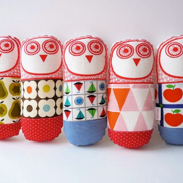 Screen printed retro owl plush toy by Jane Foster