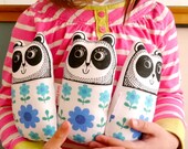 Screen printed handmade toy Panda plush with 70s or 50s vintage fabric by Jane Foster