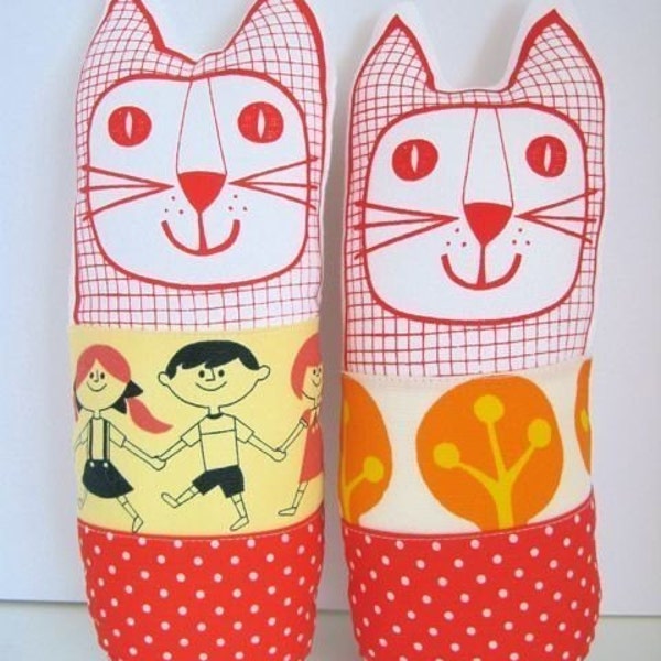 Screen printed linen and retro fabric cat called 'Brenda'