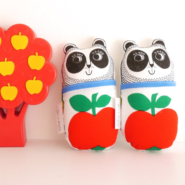 Screen printed handmade toy Panda plush with 70s Scandi vintage apple  fabric by Jane Foster