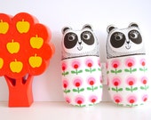 Screen printed handmade toy Panda plush toy softie with Scandi pink flower retro fabric  -  Jane Foster