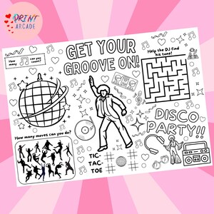 Puede incluir: Una página para colorear en blanco y negro con un tema de fiesta disco. La página incluye una bola de discoteca, una figura bailando, un tocadiscos, una cabina de DJ, un laberinto y un juego de tres en raya. El texto "Get Your Groove On!" y "Disco Party!" está incluido.