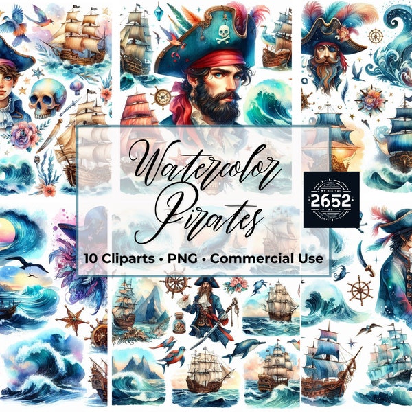 Watercolor Pirate Clipart Set - Adventure, Ocean, Pirates, Ship - Digital Download - mug clipart