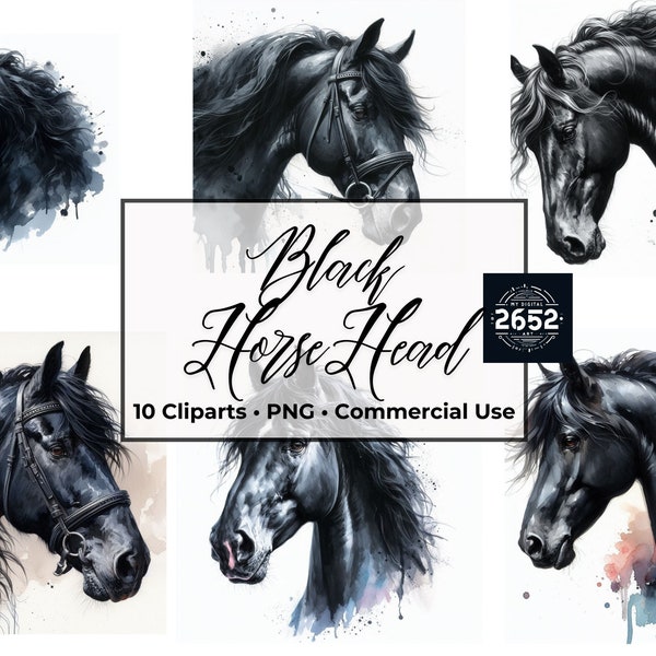 10 Black Horse Head Watercolor Painting - Clipart - Equine Art Print PNG