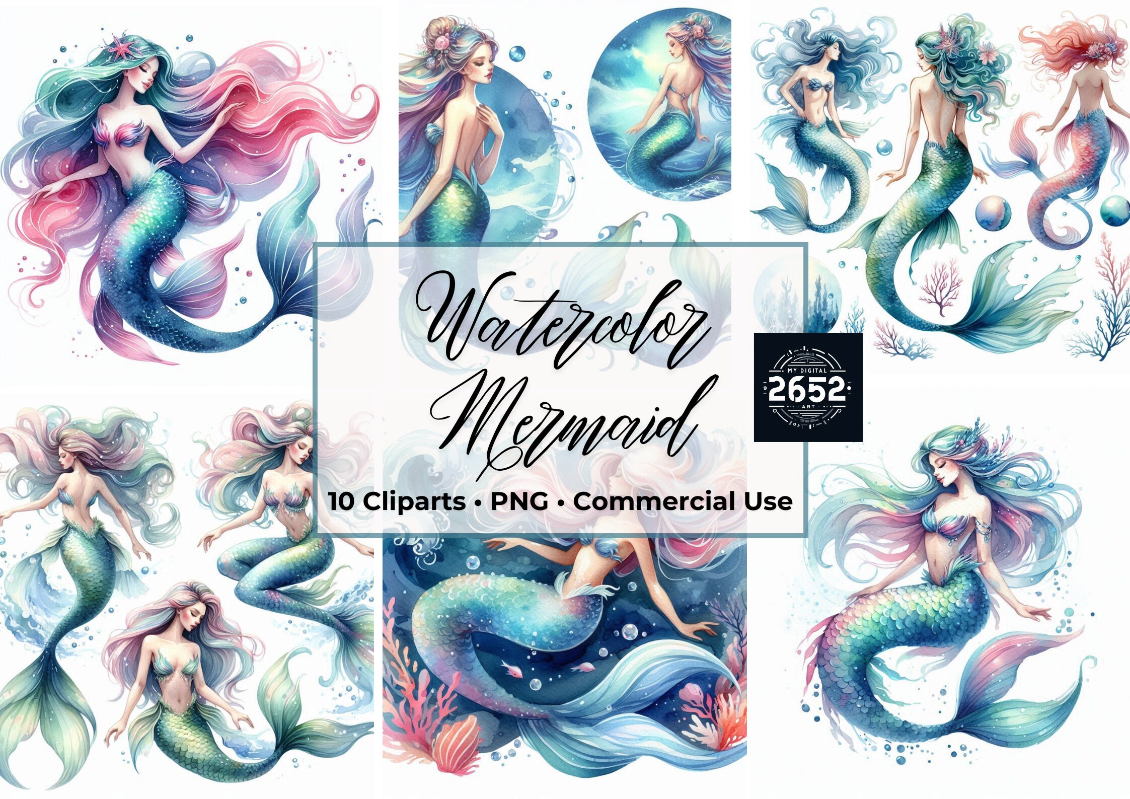 10 Watercolor Mermaid Clipart Set Fantasy, Ocean, Mermaids, Sea ...