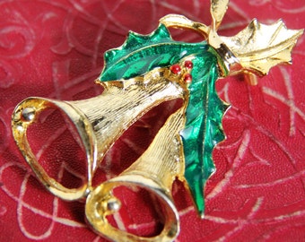 Vintage Brooch, Christmas bells, Jingle Bells, Holly, - Fantastic Supplies for Holiday Project, EandO