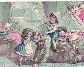 Victorian Trade Card 19th century 1800s L.C. Collers Coldwater, Michigan - Idealised Family Life - Father Playing With Children