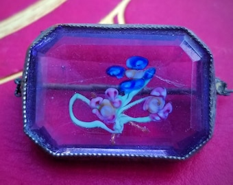 Antique Painted Glass and Brass Brooch