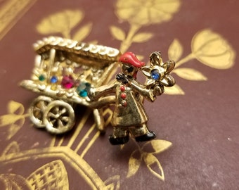 Mid Century Brooch - Clown and Flower Cart - 1950s Kitsch