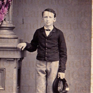 Antique CDV Carte de Visite of a Young Man Wearing a Suit and Holding a Cap - Hand Tinted Back Drop -1860s, 1870s