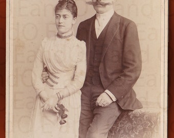 Rare Antique Victorian Cabinet Card Portrait of a Couple from Berlin, Germany - Best Handlebar Mustache - Practically Defies Gravity