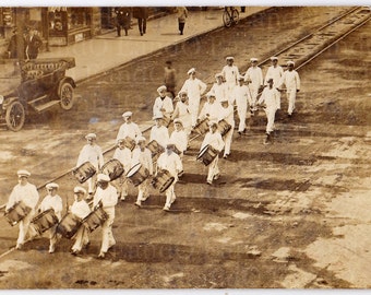 Antique RPPC / Antique Real Photo Postcard / Parade Photo / Marching Band Photo / Drummers / Boys in White Suits / Marching Band Parade
