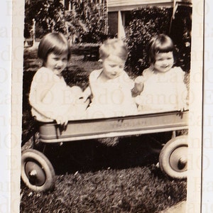 Antique Photo &quot;Rub a Dub Dub&quot; Three Little Children in a &#39;Trojan&#39; Wagon 1930s 1931