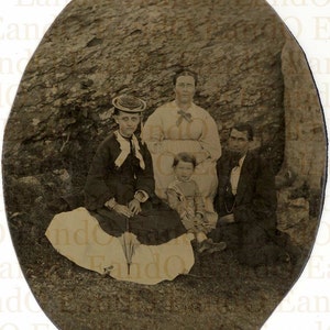 Exceptional Rare 1/2 Plate Hand-Tinted Tintype Outdoor Portrait of Family 19th Century 1870s 1880s