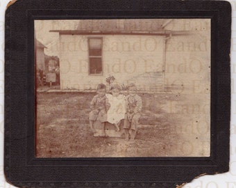 Rare Antique Cabinet Card - Snapshot Mounted As Cabinet Card of Three Small Children on a Farm, Boys in Overalls, Americana, Farmers