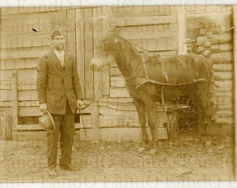 Antique Rare Real Photo Postcard Man in Suit with His Mule 1900s 1910s