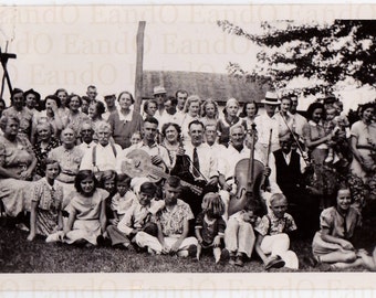 Beautiful Antique Snapshot of a Family Reunion - Lots of Musicians and Instruments, Fiddle, Cello, Guitar