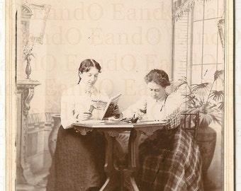 Unique Rare Antique 1890s Cabinet Card Very Unusual Portrait of Two Women - One Reading, the Other Writing.  Hidden Photo Underneath