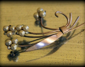 Fantastic Copper Plated Paste Metal, Bouquet Design with Faux Pearls and Rhinestones