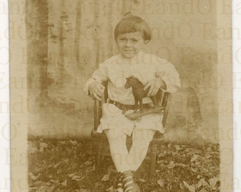 Antique Rare Real Photo Postcard of a Little Boy and His Toy Pull Horse Early 1900s