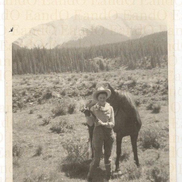 Vintage Photograph of a Young Woman with her Horse 1930s 1940s Rocky Mountains