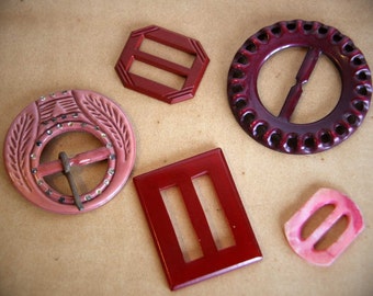 Gorgeous Vintage Red and Pink Art Deco Dress or Scarf Buckles (Lot of 5)