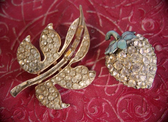 Vintage. Rhinestone. Brooch. Lot of 2. Leaf. Strawberry.