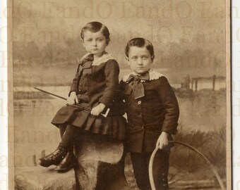 Lovely Antique Cabinet Card Portrait of Two Brothers - Young Boys, One with a Hoop and One with a Cane or Riding Crop - Baltimore, Maryland