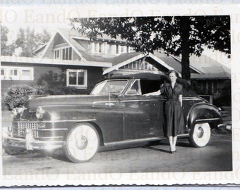 Check Out my Ride - Great Snapshot of a Woman Next to Her Chrysler New Yorker Convertible With White Wall Tires