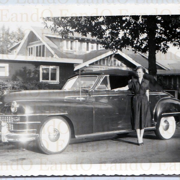 Check Out my Ride - Great Snapshot of a Woman Next to Her Chrysler New Yorker Convertible With White Wall Tires