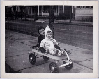 Antique Snapshot of Little Boy and Girl in Their Wagon 1940s