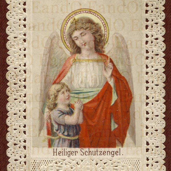 SALE  Rare Antique 19th Century Swiss German Colored Lace Prayer Holy Card - Guardian Angel