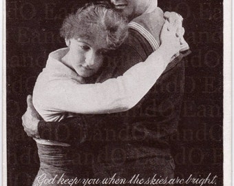 Romantic 1910s English Postcard - World War I Farewelling A Loved One "God Keep You"