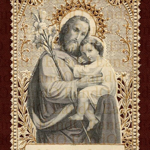 Exceptional Rare Antique 19th Century Swiss Lace Holy Prayer Card  with Gold - St. Joseph with Infant Jesus